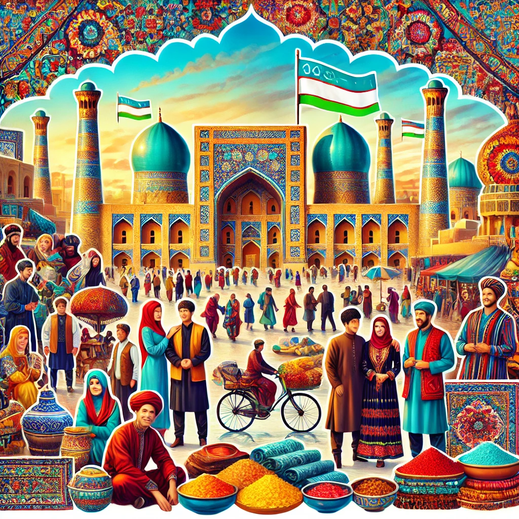 DALL·E 2024 10 12 13.19.13 A vibrant and colorful image representing the culture of Uzbekistan and its warm, welcoming people. The image includes elements such as traditional Uz